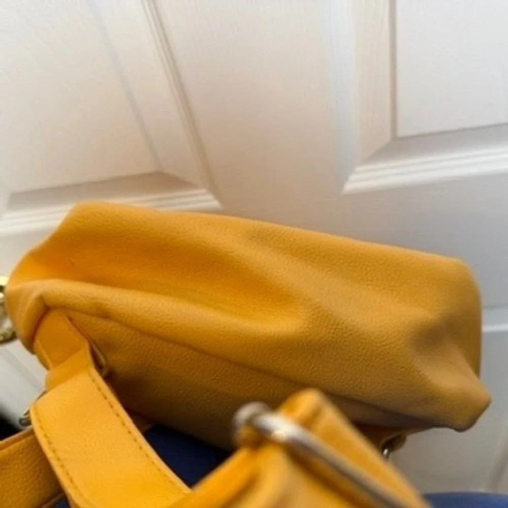 Yellow Faux Leather Small Backpack Pocket Front‎ Zip Closure Adjustable Straps